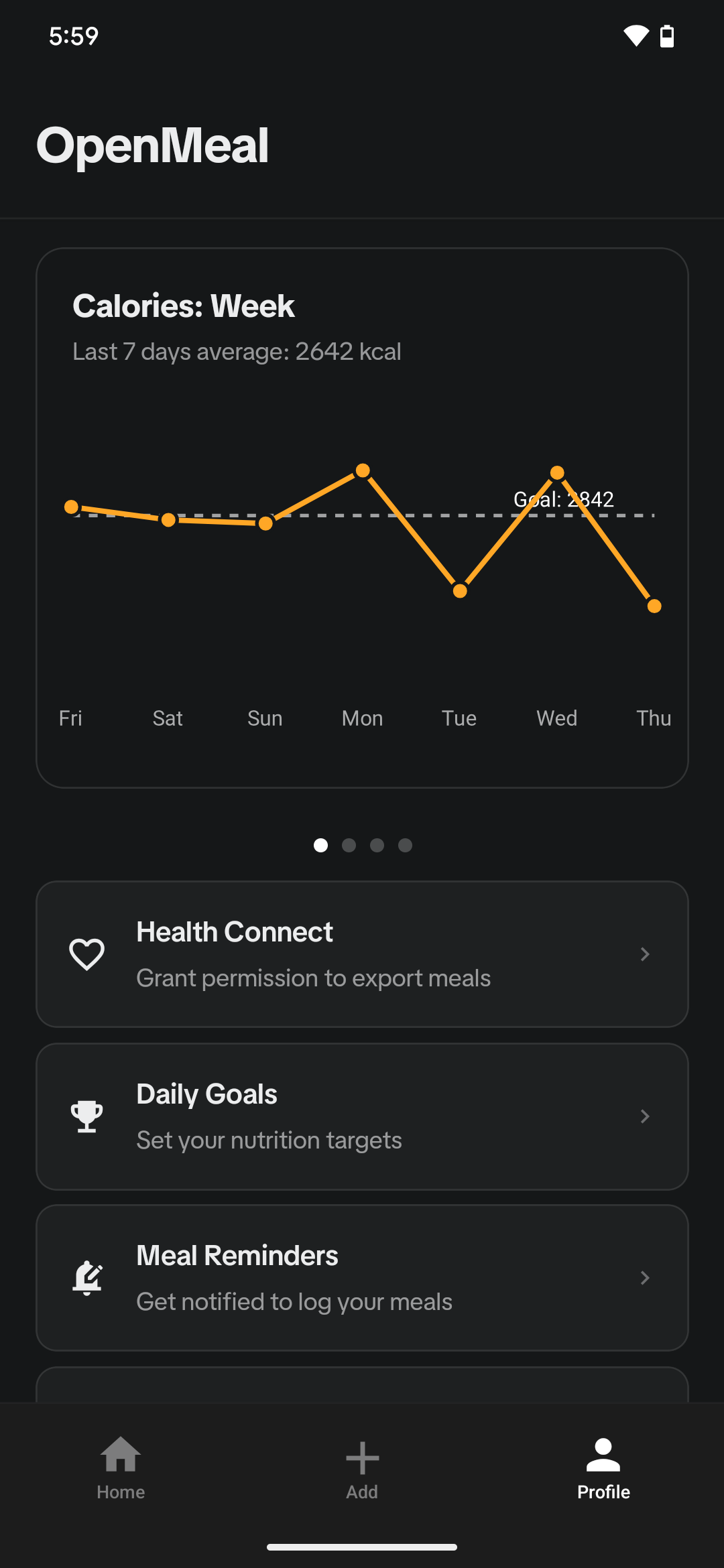 Profile tab; showing Calories: Week chart